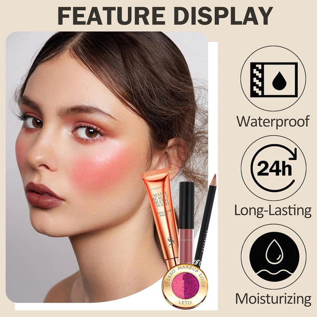 Blush Eyeshadow Lip Liner and Lipstick Makeup Set, Liquid Blush Beauty Wall, Shimmer Glitter Eyeshadow Palette, Matte Lipstick and Lip Liner, Christmas Makeup Gift, 4 Pièces, 07