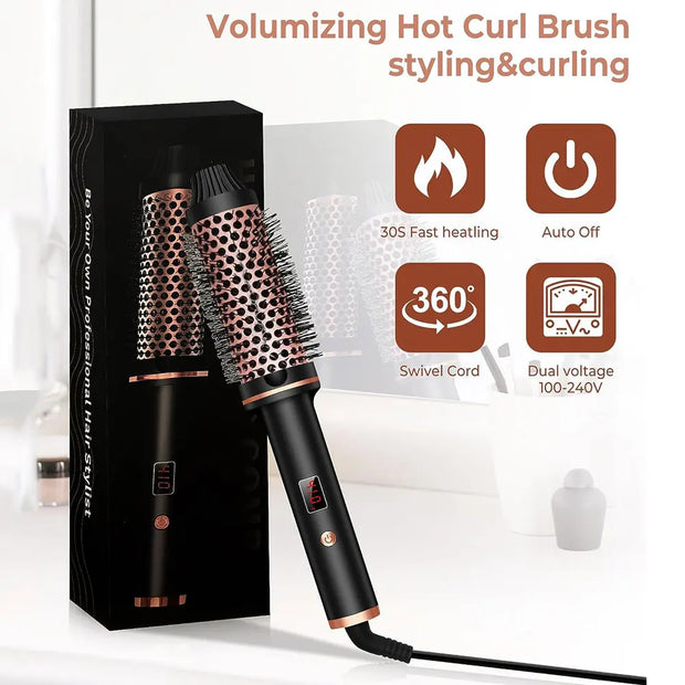 Thermal Brush 1.5 Inch Heated Curling Brush Ceramic Curling Iron Volumizing Brush Heating round Brush Travel Hair Curler Comb